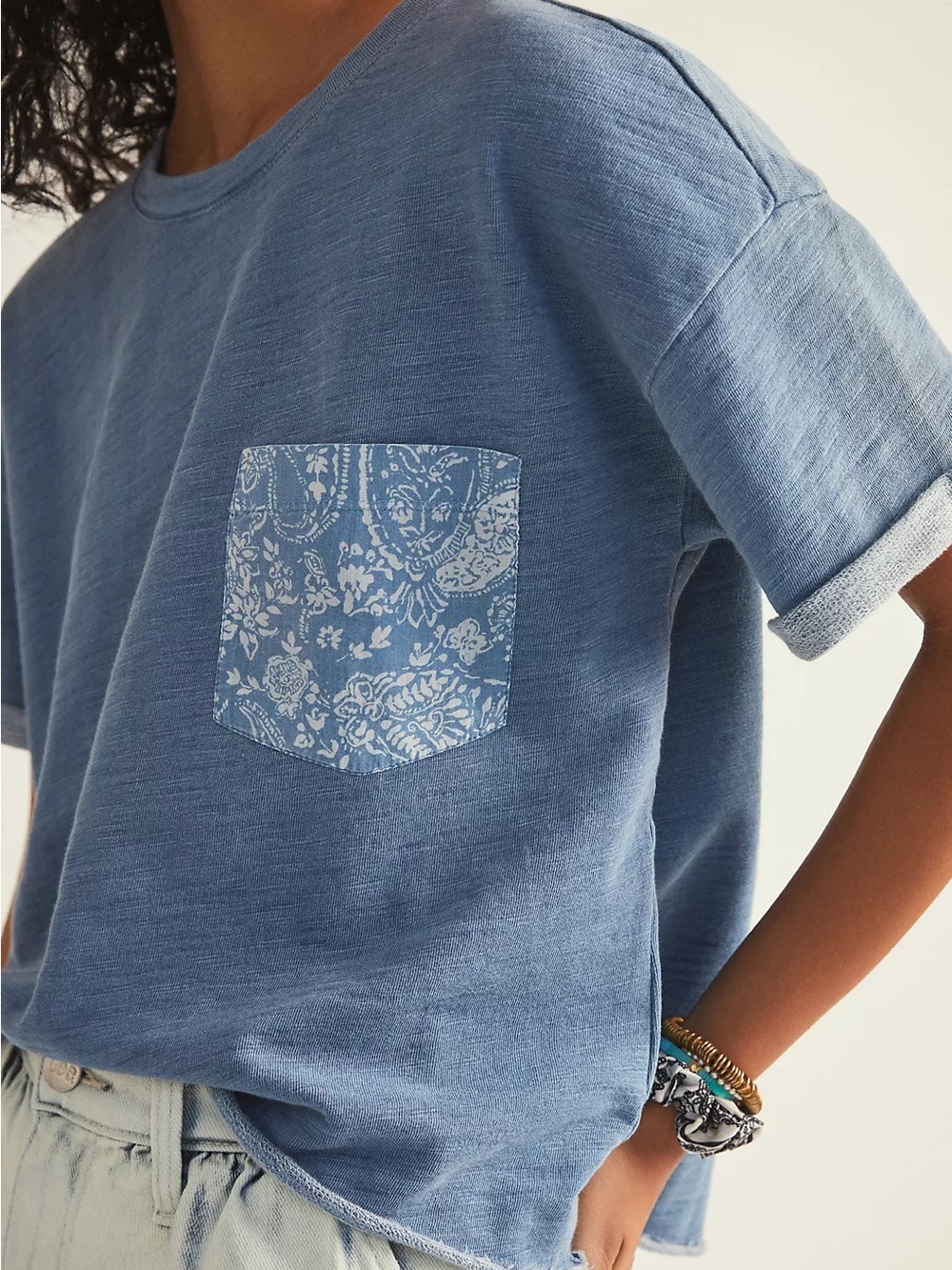 Nwot Pilcro and the Letterpress Dusty Blue Short Sleeve Tee with Floral Pocket